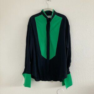 Vintage Pancaldi & B 100% Silk Shirt Button Front Black Green Contrast Cuffs
